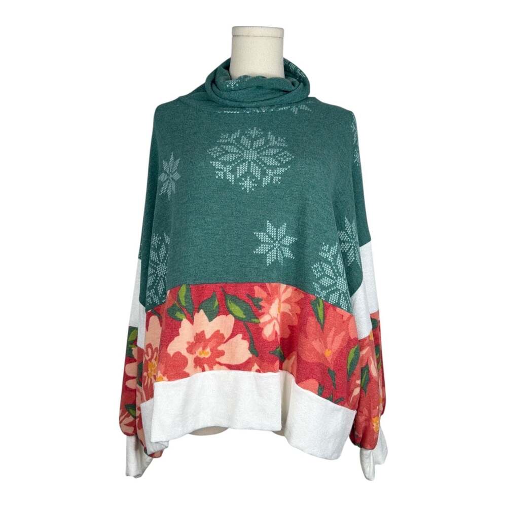 Haptics Women's Cowl Neck Poncho Sweater Teal Green Snowflake Floral Mix Medium